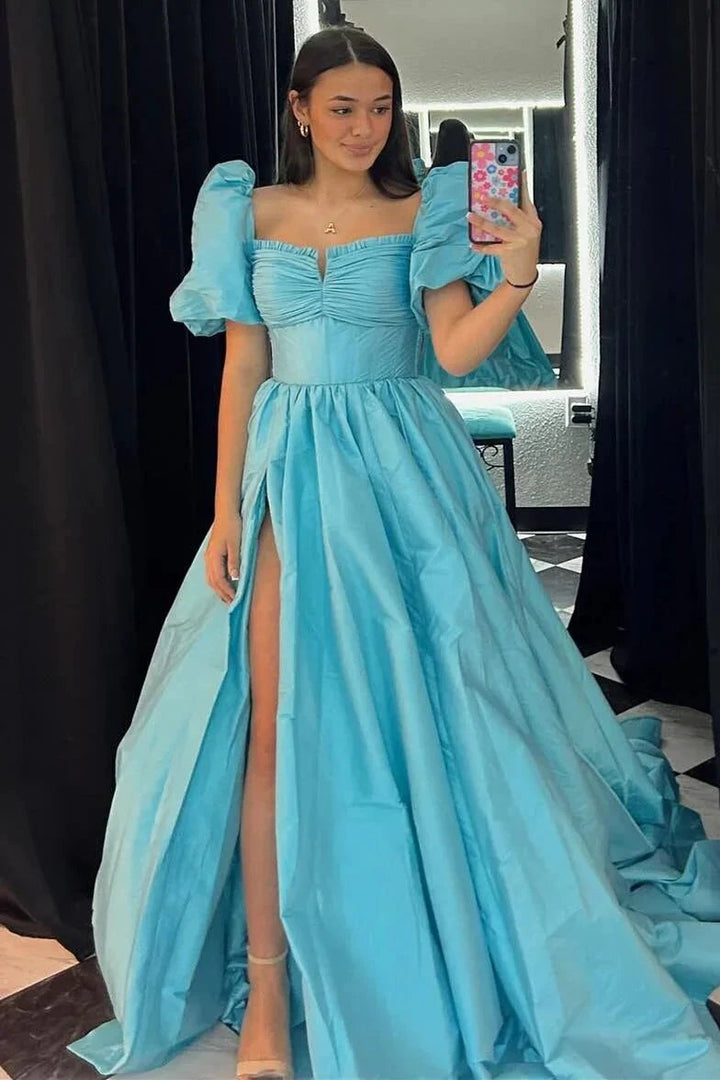 Lynette | Square Neck Fuchsia Puff Sleeves A-Line Prom Dress by KissProm