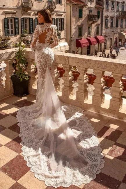 Noble highneck longsleeves mermaid lace Wedding dresses by misshow.com