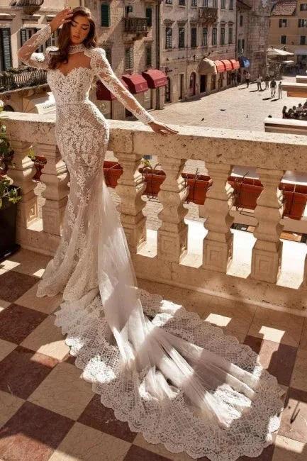 Noble highneck longsleeves mermaid lace Wedding dresses by misshow.com