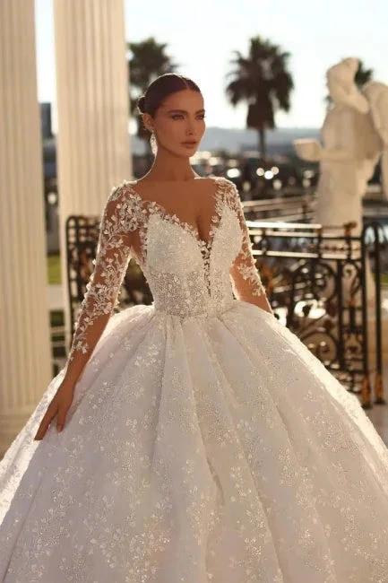 Noble sweetheart 3/4 length sleeves ball gown lace wedding dress rhinestones by misshow.com