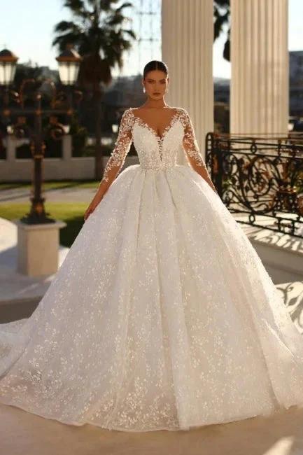 Noble sweetheart 3/4 length sleeves ball gown lace wedding dress rhinestones by misshow.com