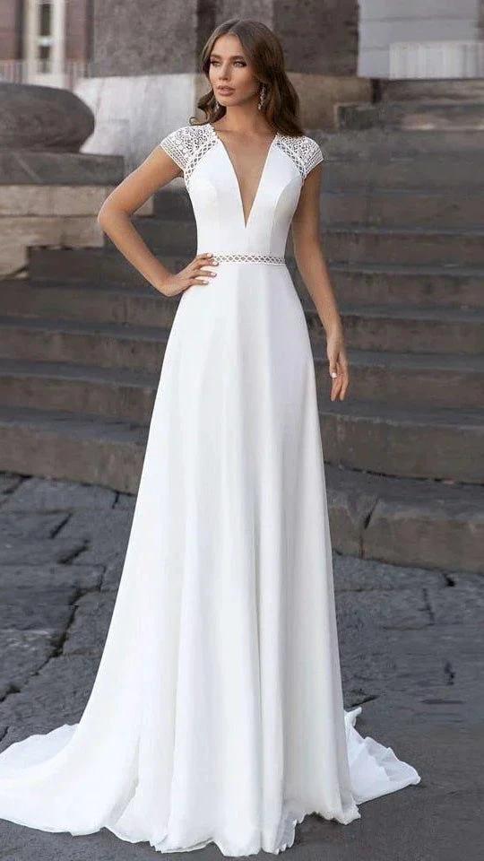 Abiti Donna Modest Bridal A Line Wedding Dress Summer 2025 Simple V-neck Backless Beach Wedding Dresses Long Train by NumberSea OFFICIAL STORE