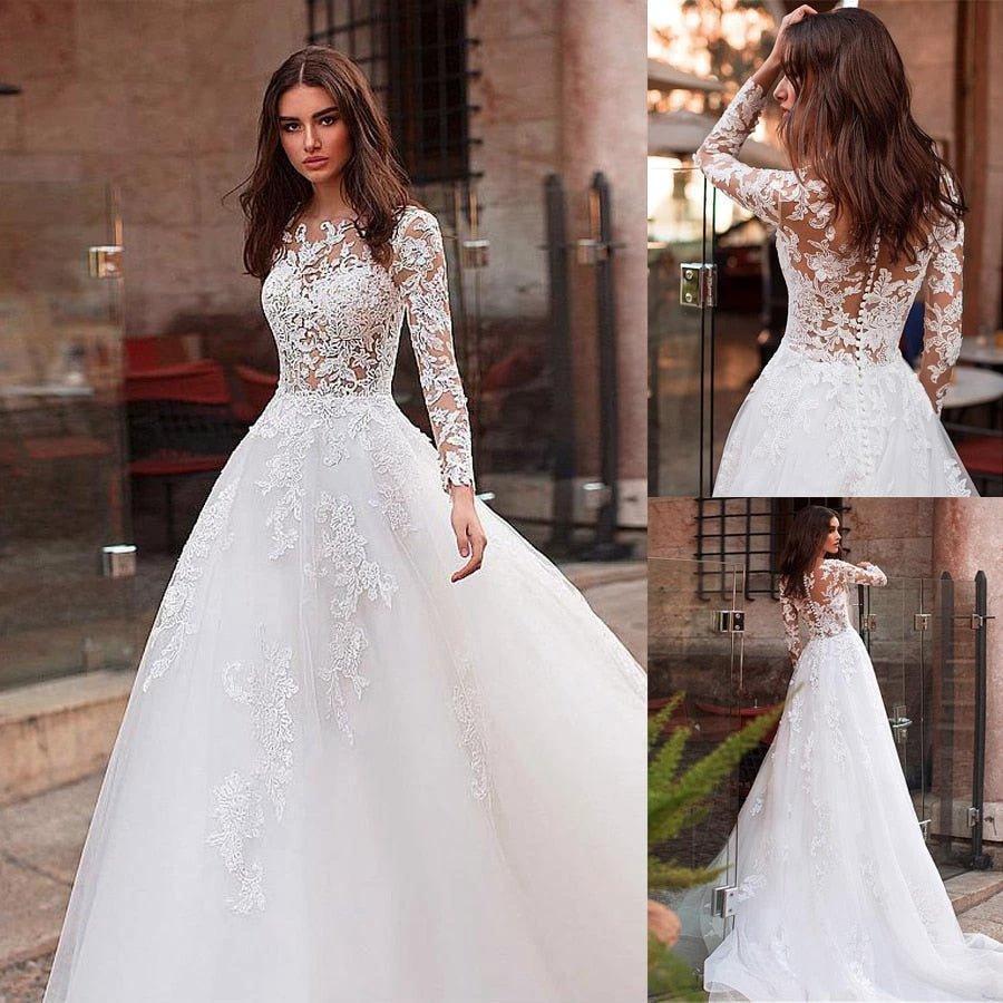 Sunnderly Attractive Tulle Jewel Neckline See-through Bodice A-line Wedding Dress With Lace Appliques &amp; Beadings Long Sleeves Bridal Dress by NumberSea OFFICIAL STORE