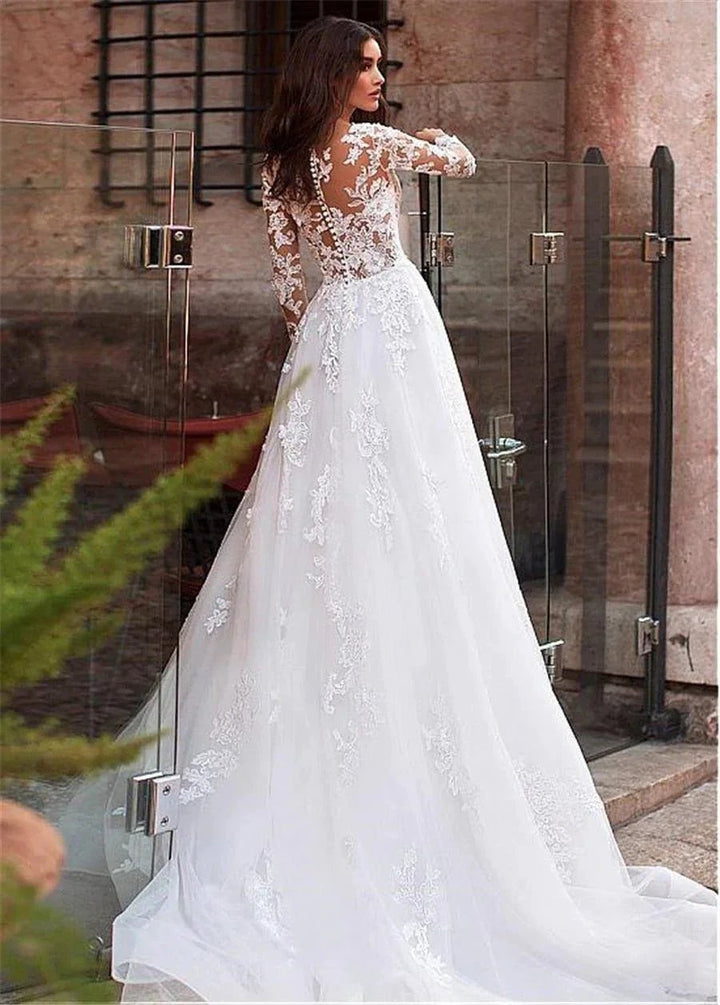 Sunnderly Attractive Tulle Jewel Neckline See-through Bodice A-line Wedding Dress With Lace Appliques &amp; Beadings Long Sleeves Bridal Dress by NumberSea OFFICIAL STORE