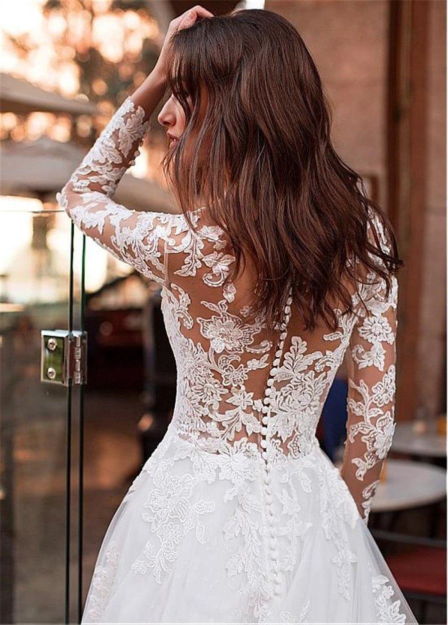 Sunnderly Attractive Tulle Jewel Neckline See-through Bodice A-line Wedding Dress With Lace Appliques & Beadings Long Sleeves Bridal Dress by NumberSea OFFICIAL STORE