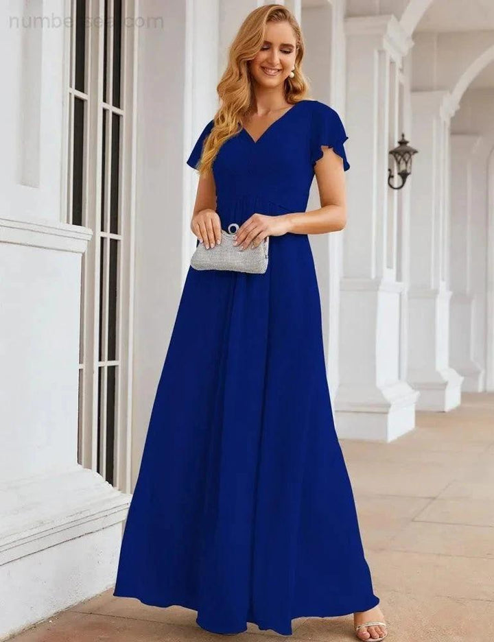 Numbersea Chiffon Bridesmaid Dress Cap Sleeves Maxi Prom Gowns Party Wedding Mother of The Bride Dresses for Women SEA28047 by numbersea