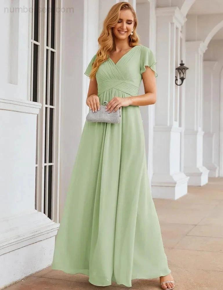 Numbersea Chiffon Bridesmaid Dress Cap Sleeves Maxi Prom Gowns Party Wedding Mother of The Bride Dresses for Women SEA28047 by numbersea