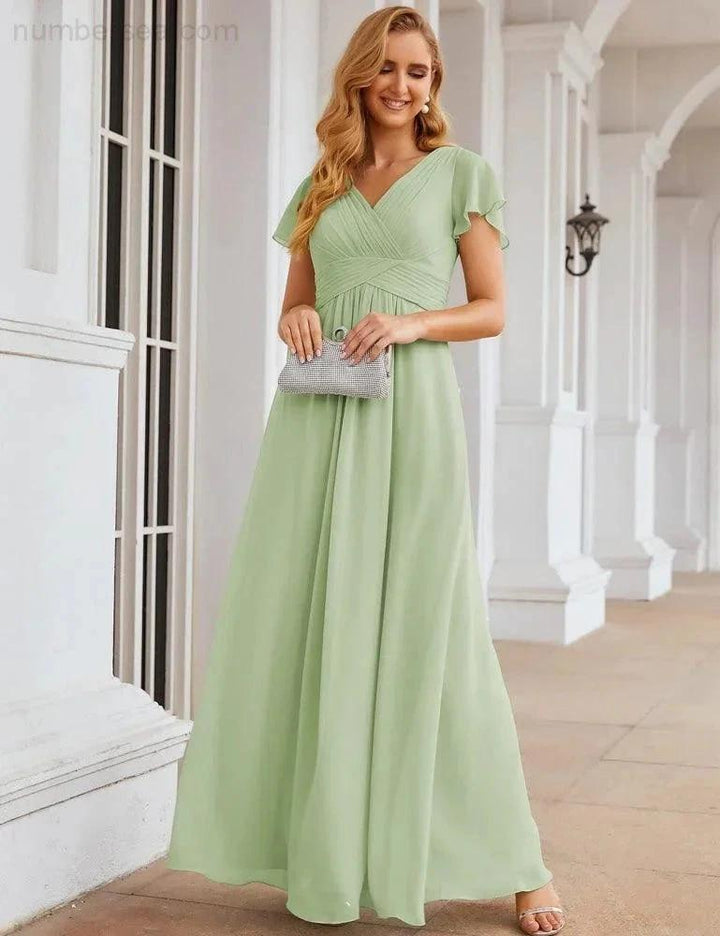 Numbersea Chiffon Bridesmaid Dress Cap Sleeves Maxi Prom Gowns Party Wedding Mother of The Bride Dresses for Women SEA28047 by numbersea