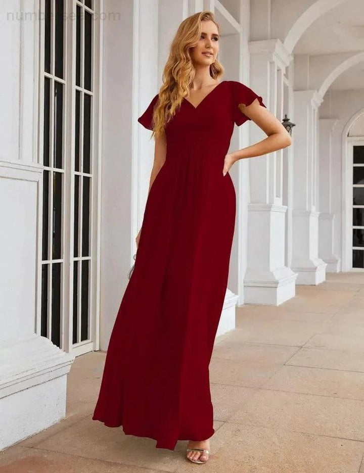 Numbersea Chiffon Bridesmaid Dress Cap Sleeves Maxi Prom Gowns Party Wedding Mother of The Bride Dresses for Women SEA28047 by numbersea