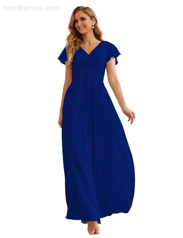 Numbersea Chiffon Bridesmaid Dress Cap Sleeves Maxi Prom Gowns Party Wedding Mother of The Bride Dresses for Women SEA28047 by numbersea