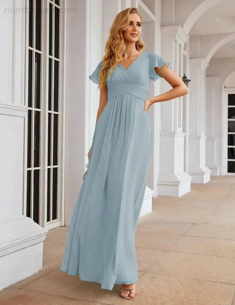 Numbersea Chiffon Bridesmaid Dress Cap Sleeves Maxi Prom Gowns Party Wedding Mother of The Bride Dresses for Women SEA28047 by numbersea