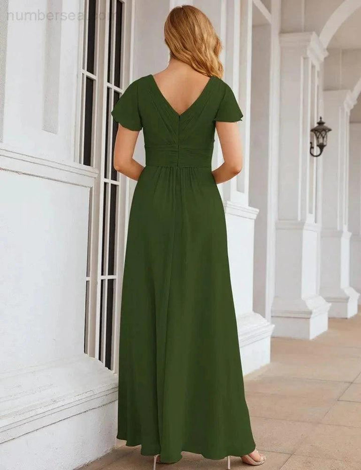 Numbersea Chiffon Bridesmaid Dress Cap Sleeves Maxi Prom Gowns Party Wedding Mother of The Bride Dresses for Women SEA28047 by numbersea
