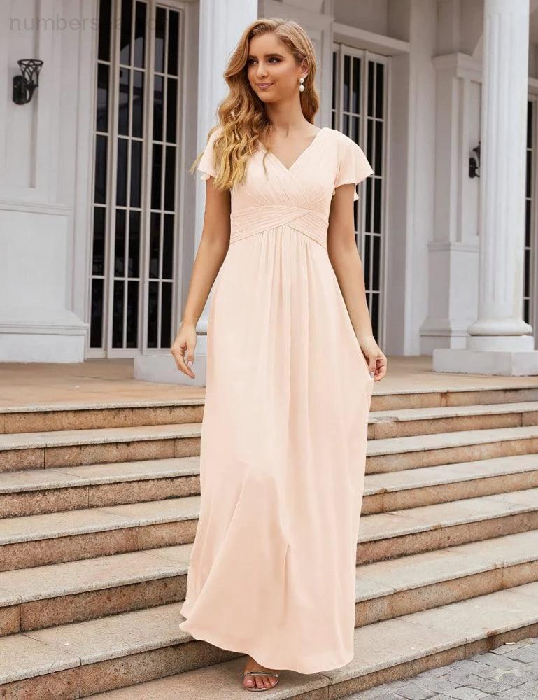 Numbersea Chiffon Bridesmaid Dress Cap Sleeves Maxi Prom Gowns Party Wedding Mother of The Bride Dresses for Women SEA28047 by numbersea