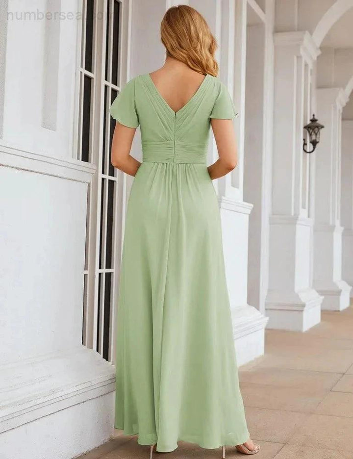 Numbersea Chiffon Bridesmaid Dress Cap Sleeves Maxi Prom Gowns Party Wedding Mother of The Bride Dresses for Women SEA28047 by numbersea