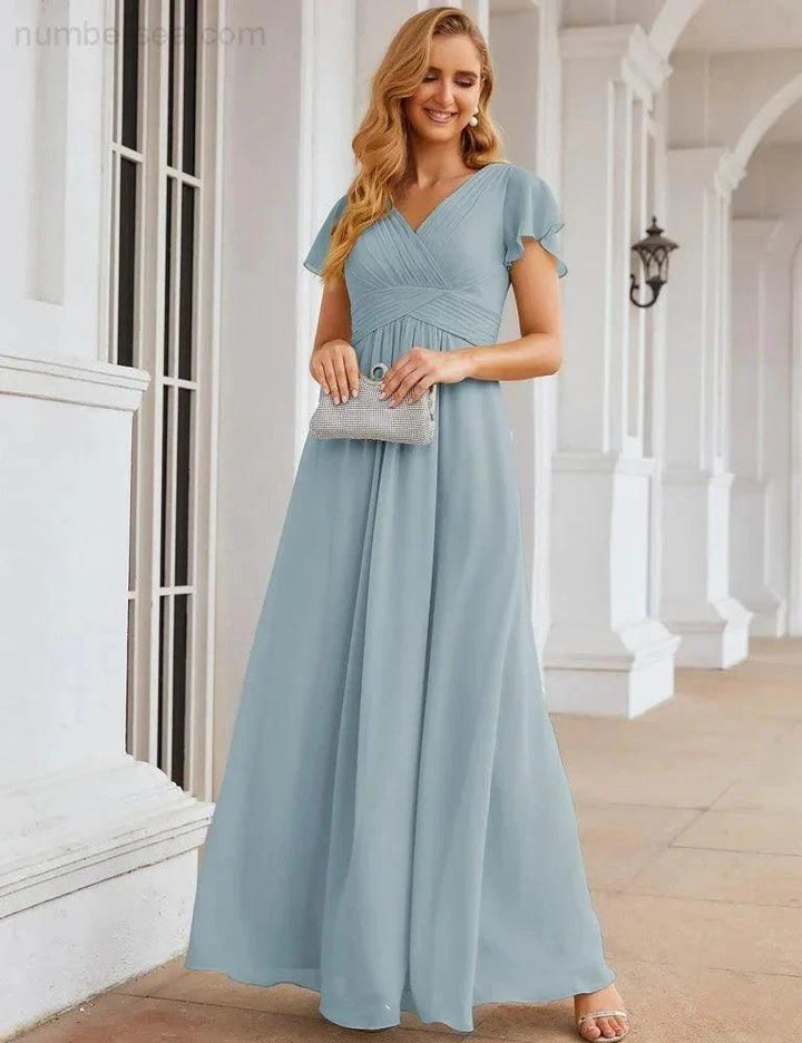 Numbersea Chiffon Bridesmaid Dress Cap Sleeves Maxi Prom Gowns Party Wedding Mother of The Bride Dresses for Women SEA28047 by numbersea