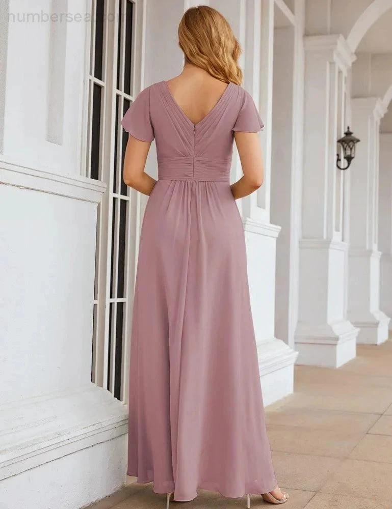 Numbersea Chiffon Bridesmaid Dress Cap Sleeves Maxi Prom Gowns Party Wedding Mother of The Bride Dresses for Women SEA28047 by numbersea