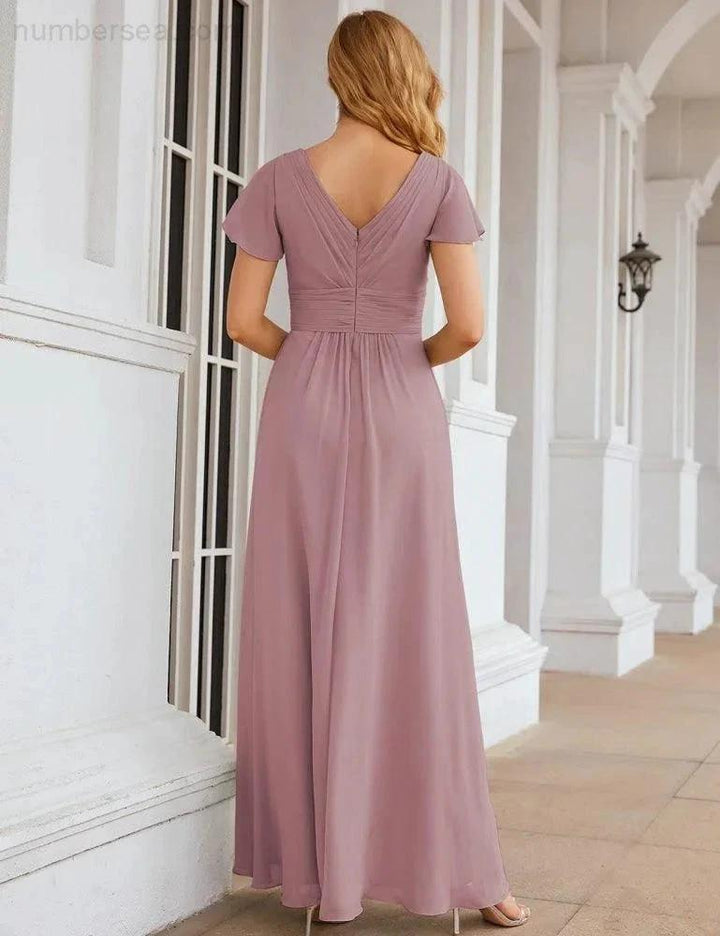 Numbersea Chiffon Bridesmaid Dress Cap Sleeves Maxi Prom Gowns Party Wedding Mother of The Bride Dresses for Women SEA28047 by numbersea