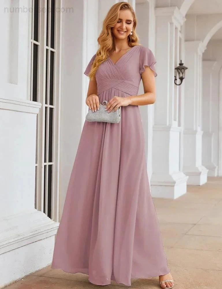Numbersea Chiffon Bridesmaid Dress Cap Sleeves Maxi Prom Gowns Party Wedding Mother of The Bride Dresses for Women SEA28047 by numbersea