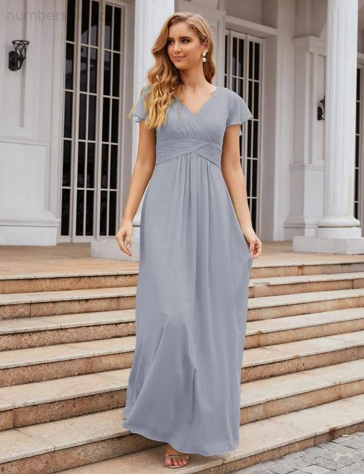Numbersea Chiffon Bridesmaid Dress Cap Sleeves Maxi Prom Gowns Party Wedding Mother of The Bride Dresses for Women SEA28047 by numbersea