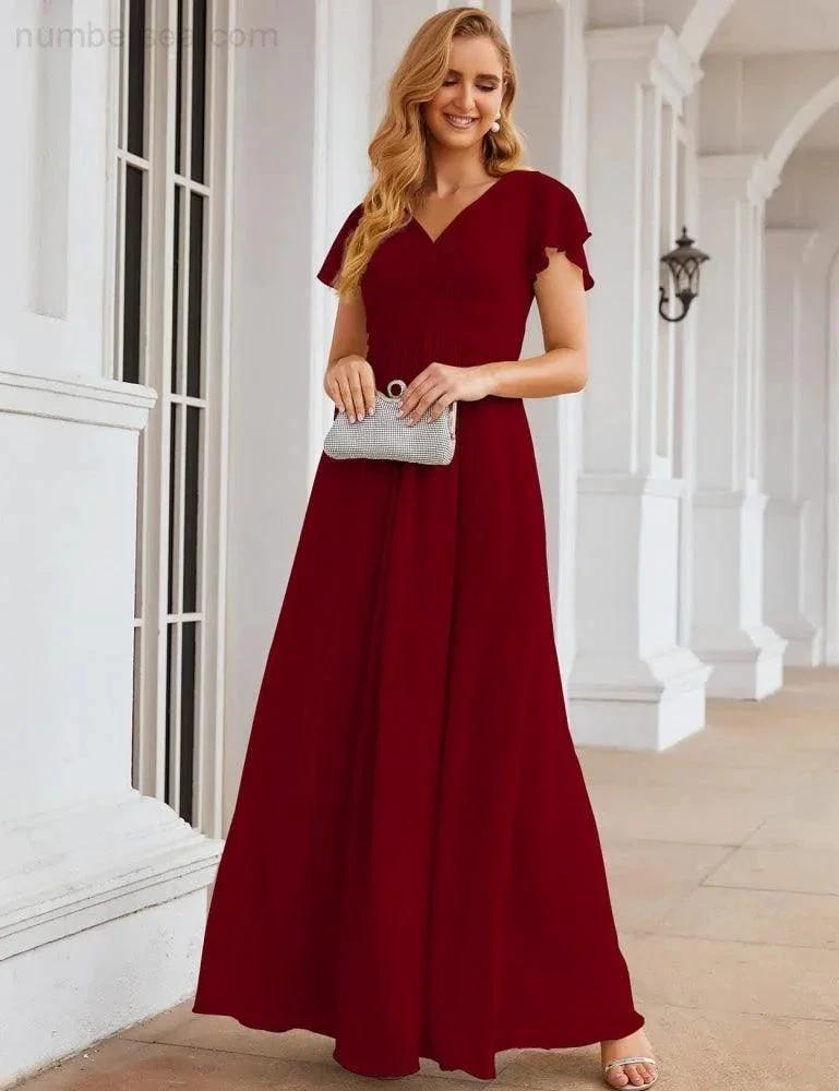 Numbersea Chiffon Bridesmaid Dress Cap Sleeves Maxi Prom Gowns Party Wedding Mother of The Bride Dresses for Women SEA28047 by numbersea