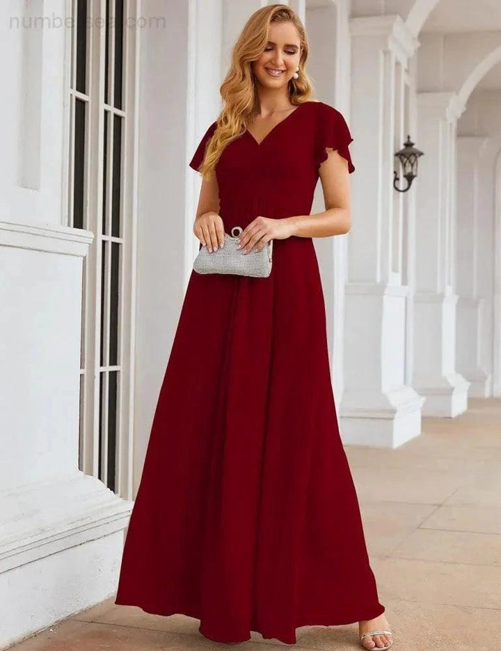 Numbersea Chiffon Bridesmaid Dress Cap Sleeves Maxi Prom Gowns Party Wedding Mother of The Bride Dresses for Women SEA28047 by numbersea