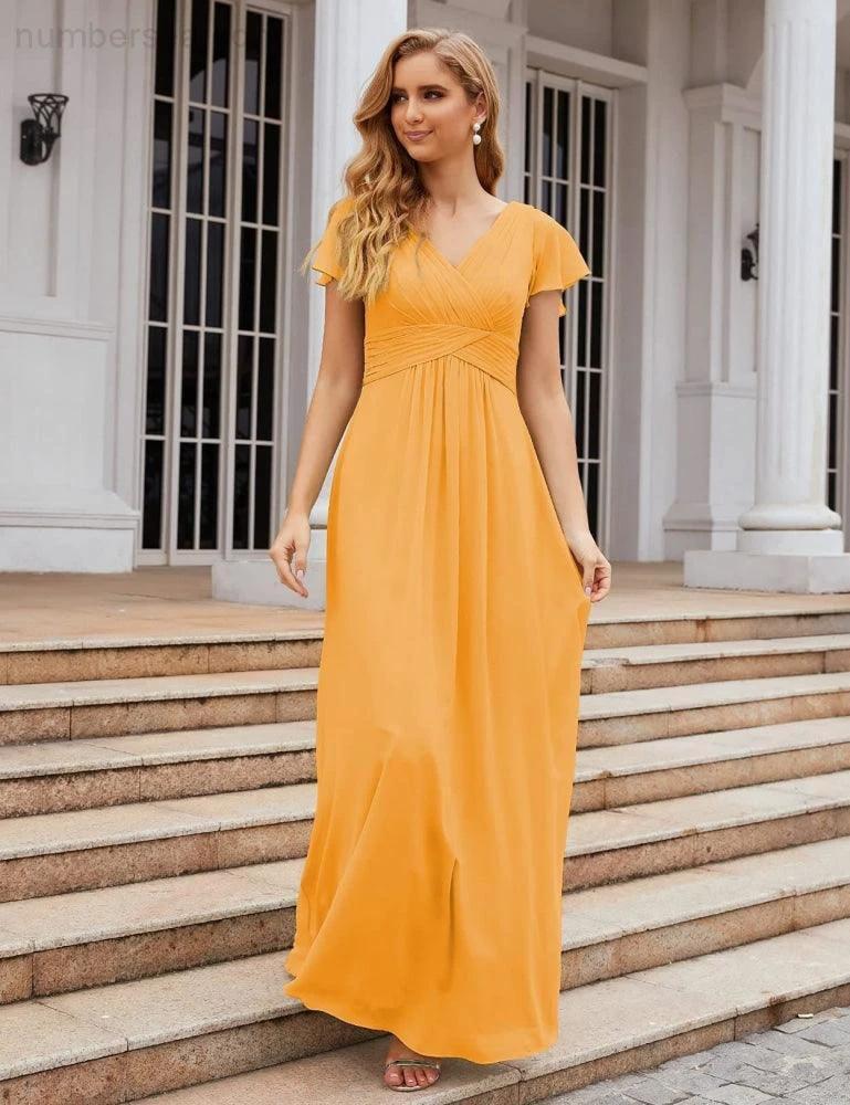 Numbersea Chiffon Bridesmaid Dress Cap Sleeves Maxi Prom Gowns Party Wedding Mother of The Bride Dresses for Women SEA28047 by numbersea