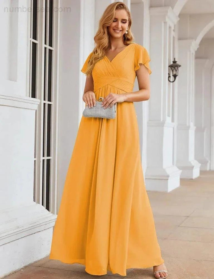 Numbersea Chiffon Bridesmaid Dress Cap Sleeves Maxi Prom Gowns Party Wedding Mother of The Bride Dresses for Women SEA28047 by numbersea