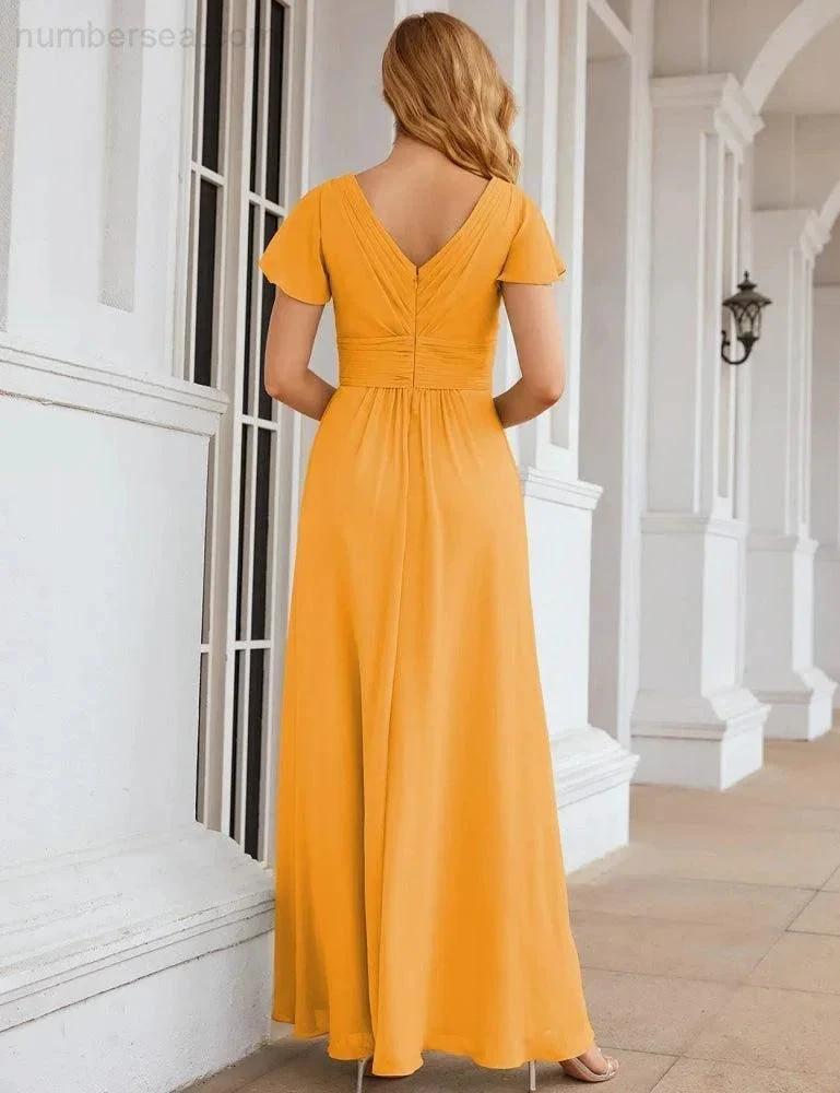 Numbersea Chiffon Bridesmaid Dress Cap Sleeves Maxi Prom Gowns Party Wedding Mother of The Bride Dresses for Women SEA28047 by numbersea