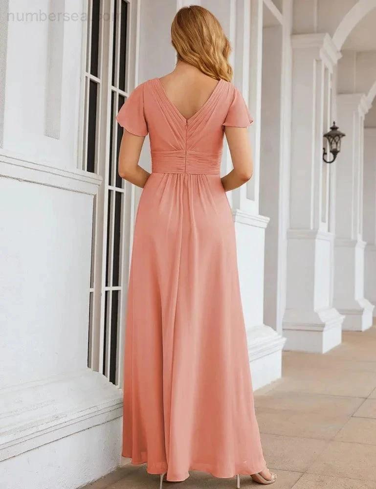 Numbersea Chiffon Bridesmaid Dress Cap Sleeves Maxi Prom Gowns Party Wedding Mother of The Bride Dresses for Women SEA28047 by numbersea