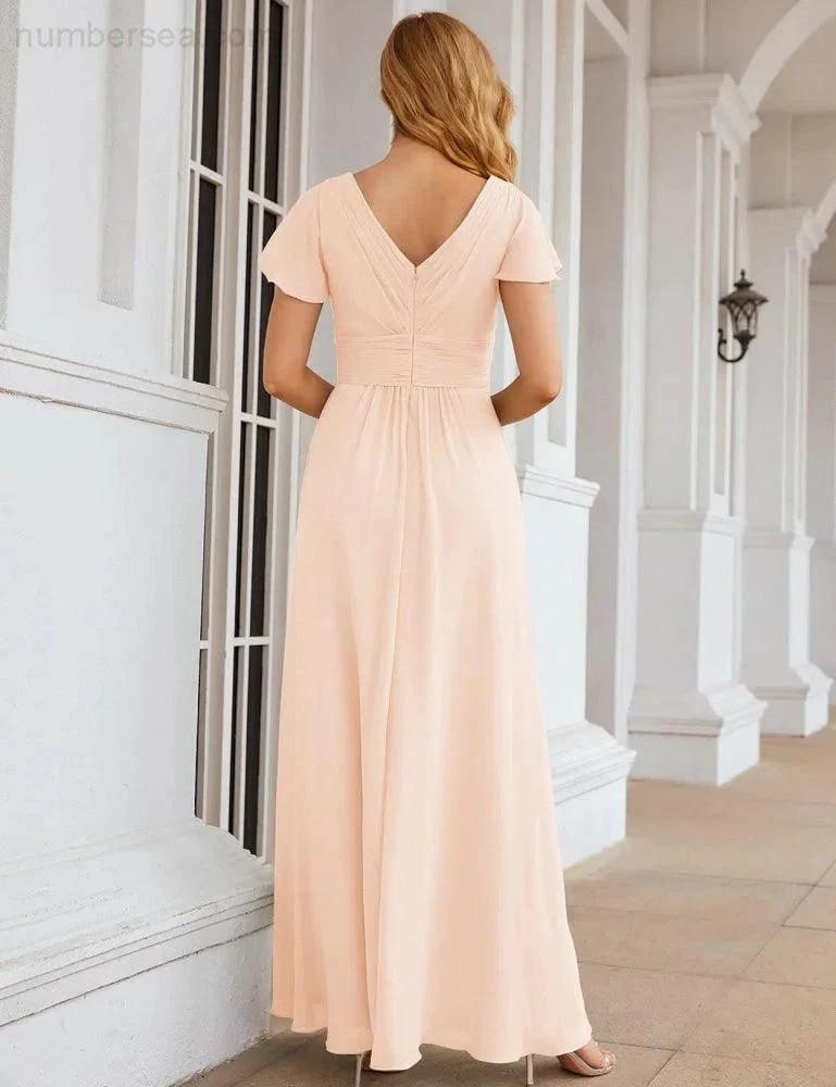 Numbersea Chiffon Bridesmaid Dress Cap Sleeves Maxi Prom Gowns Party Wedding Mother of The Bride Dresses for Women SEA28047 by numbersea