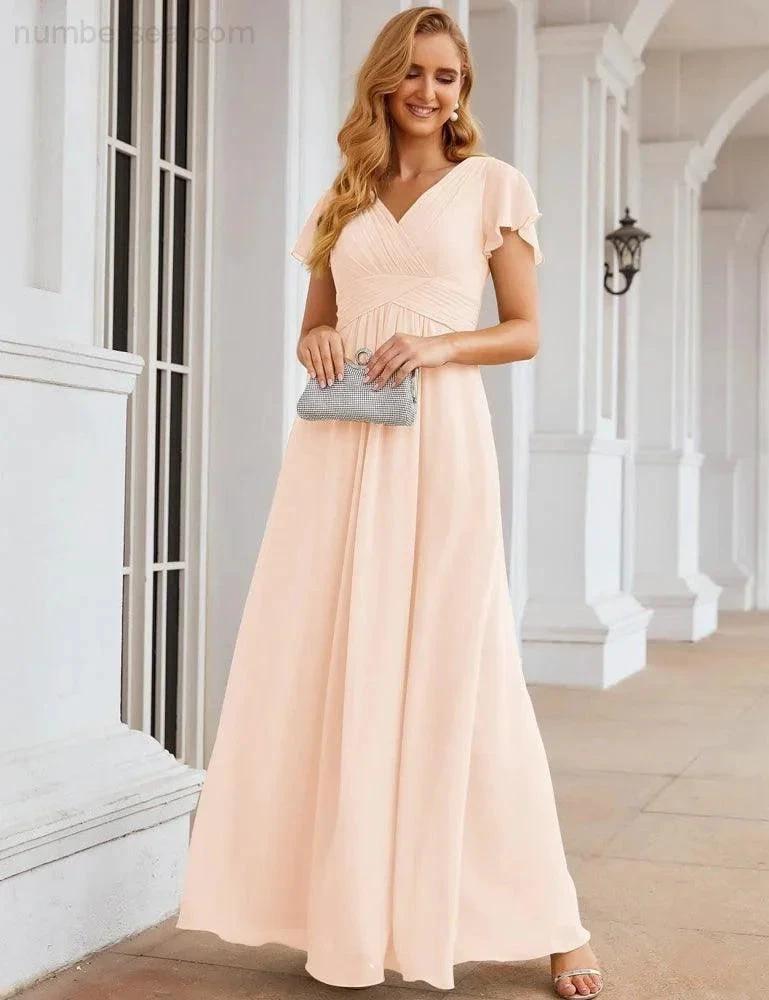 Numbersea Chiffon Bridesmaid Dress Cap Sleeves Maxi Prom Gowns Party Wedding Mother of The Bride Dresses for Women SEA28047 by numbersea