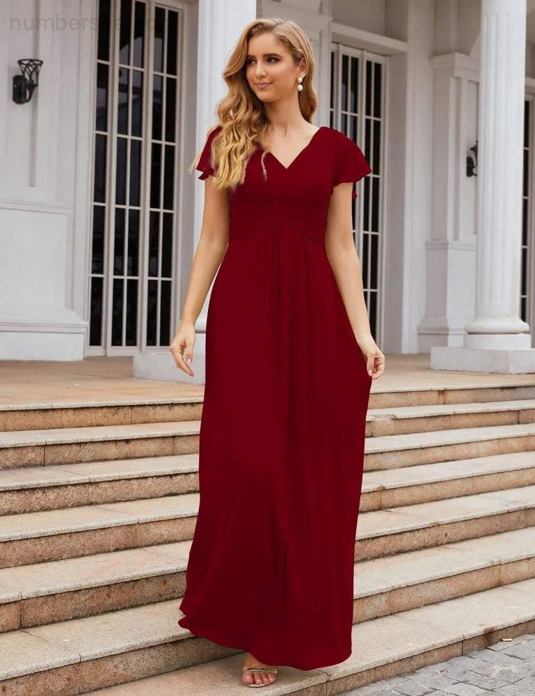 Numbersea Chiffon Bridesmaid Dress Cap Sleeves Maxi Prom Gowns Party Wedding Mother of The Bride Dresses for Women SEA28047 by numbersea