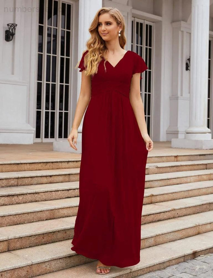 Numbersea Chiffon Bridesmaid Dress Cap Sleeves Maxi Prom Gowns Party Wedding Mother of The Bride Dresses for Women SEA28047 by numbersea