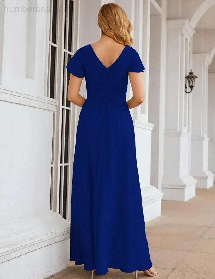 Numbersea Chiffon Bridesmaid Dress Cap Sleeves Maxi Prom Gowns Party Wedding Mother of The Bride Dresses for Women SEA28047 by numbersea