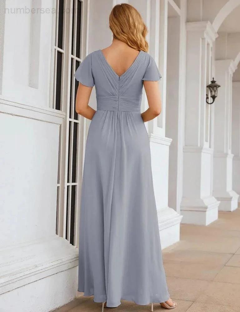 Numbersea Chiffon Bridesmaid Dress Cap Sleeves Maxi Prom Gowns Party Wedding Mother of The Bride Dresses for Women SEA28047 by numbersea