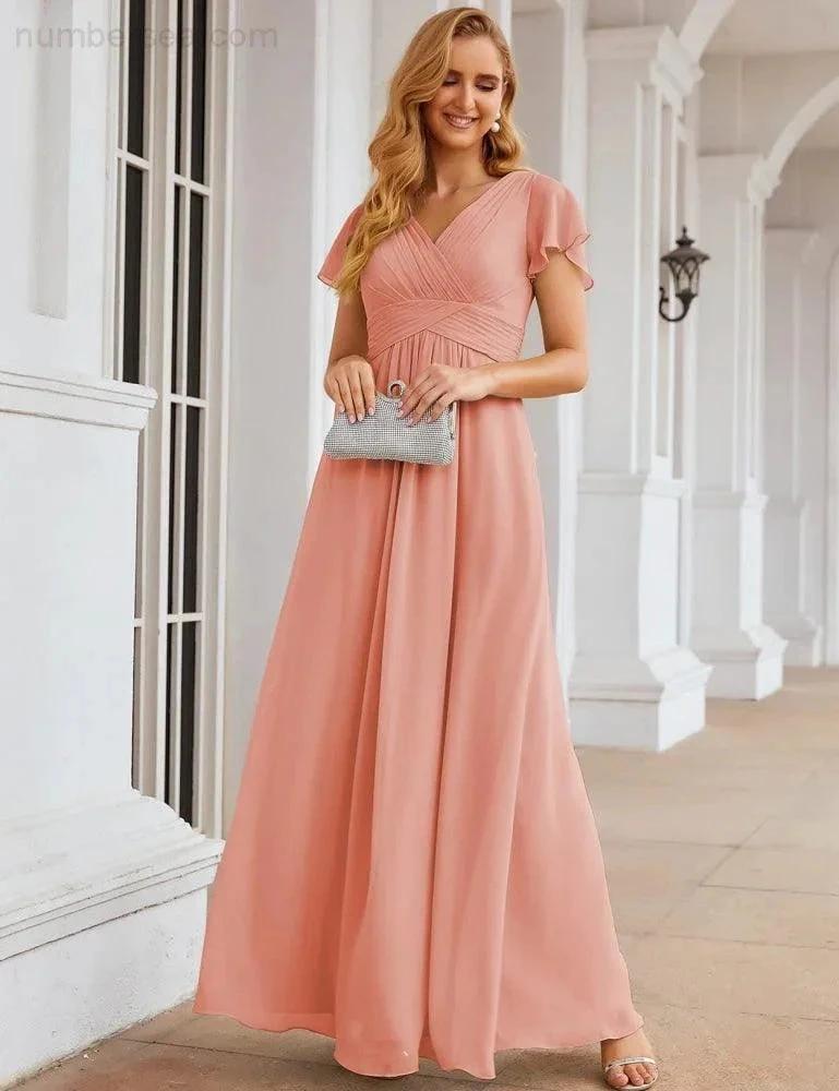 Numbersea Chiffon Bridesmaid Dress Cap Sleeves Maxi Prom Gowns Party Wedding Mother of The Bride Dresses for Women SEA28047 by numbersea