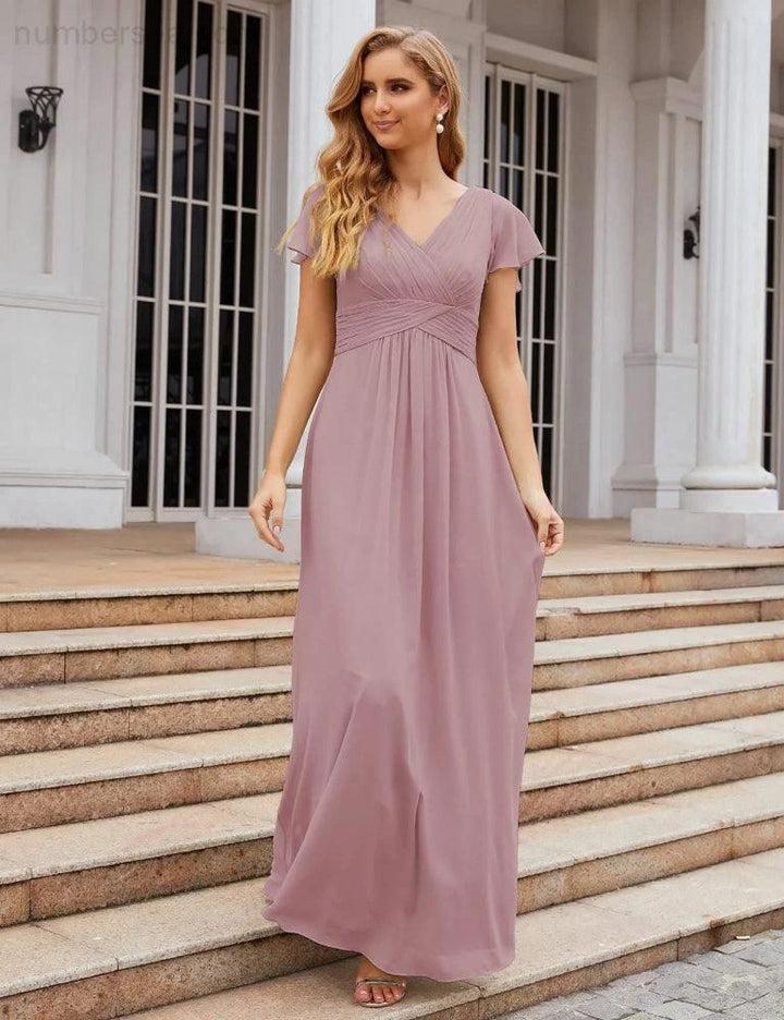 Numbersea Chiffon Bridesmaid Dress Cap Sleeves Maxi Prom Gowns Party Wedding Mother of The Bride Dresses for Women SEA28047 by numbersea