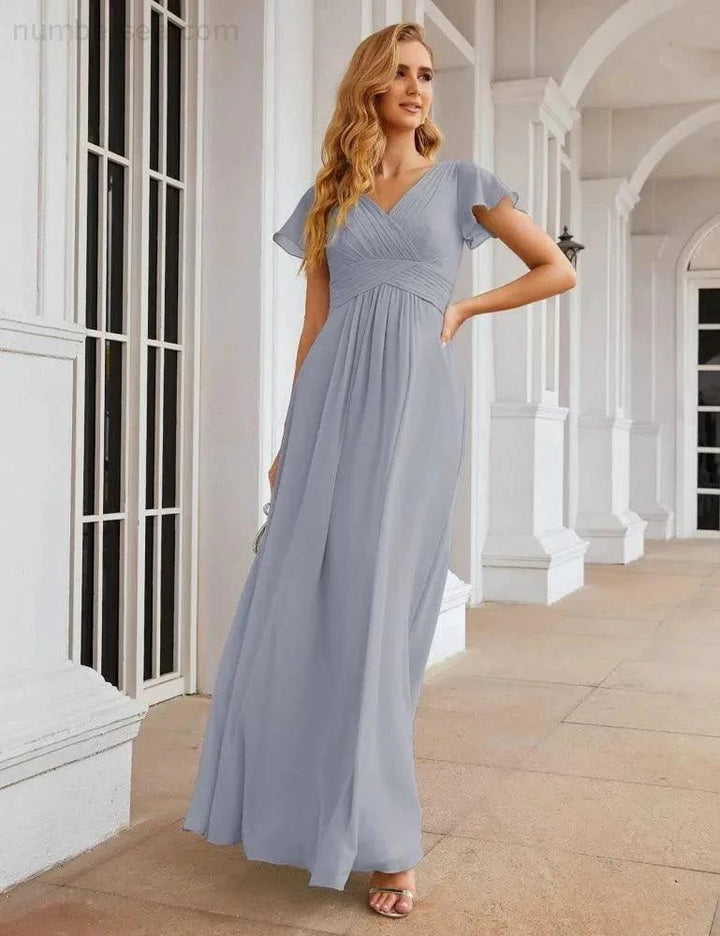 Numbersea Chiffon Bridesmaid Dress Cap Sleeves Maxi Prom Gowns Party Wedding Mother of The Bride Dresses for Women SEA28047 by numbersea
