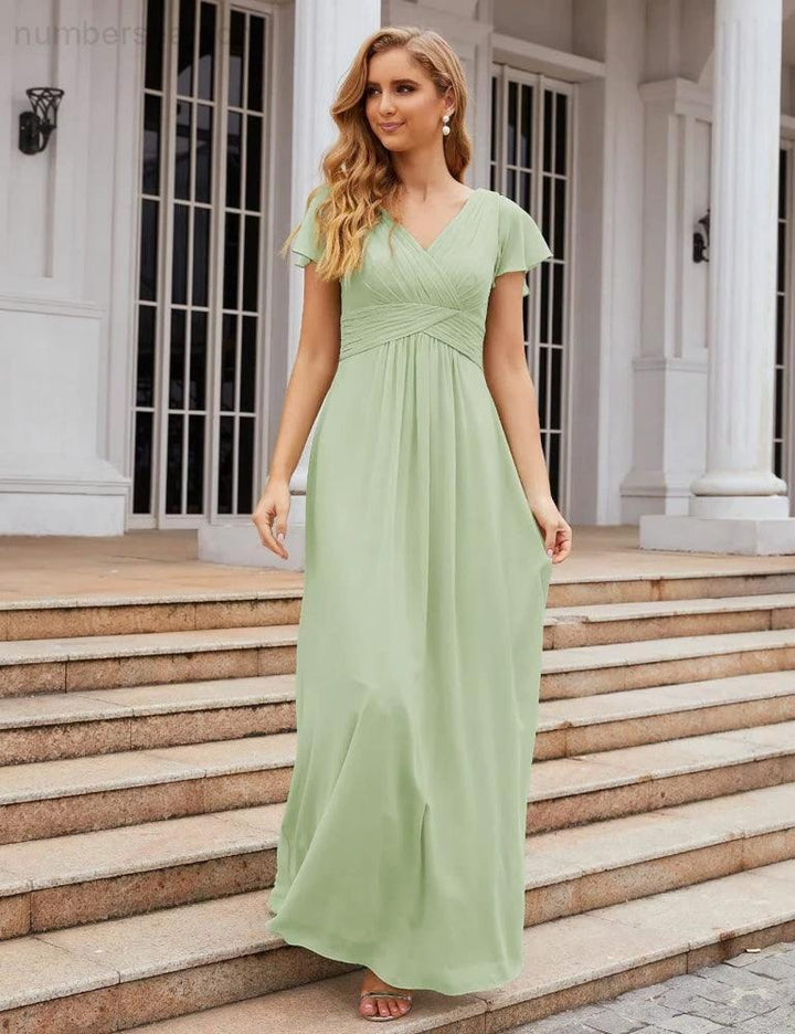 Numbersea Chiffon Bridesmaid Dress Cap Sleeves Maxi Prom Gowns Party Wedding Mother of The Bride Dresses for Women SEA28047 by numbersea