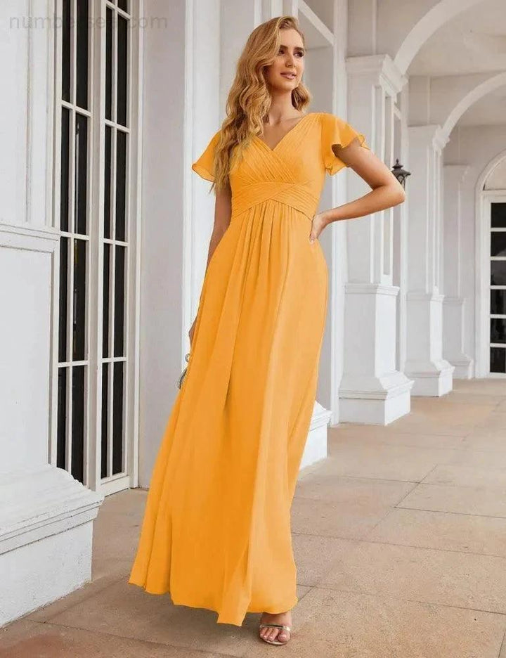 Numbersea Chiffon Bridesmaid Dress Cap Sleeves Maxi Prom Gowns Party Wedding Mother of The Bride Dresses for Women SEA28047 by numbersea
