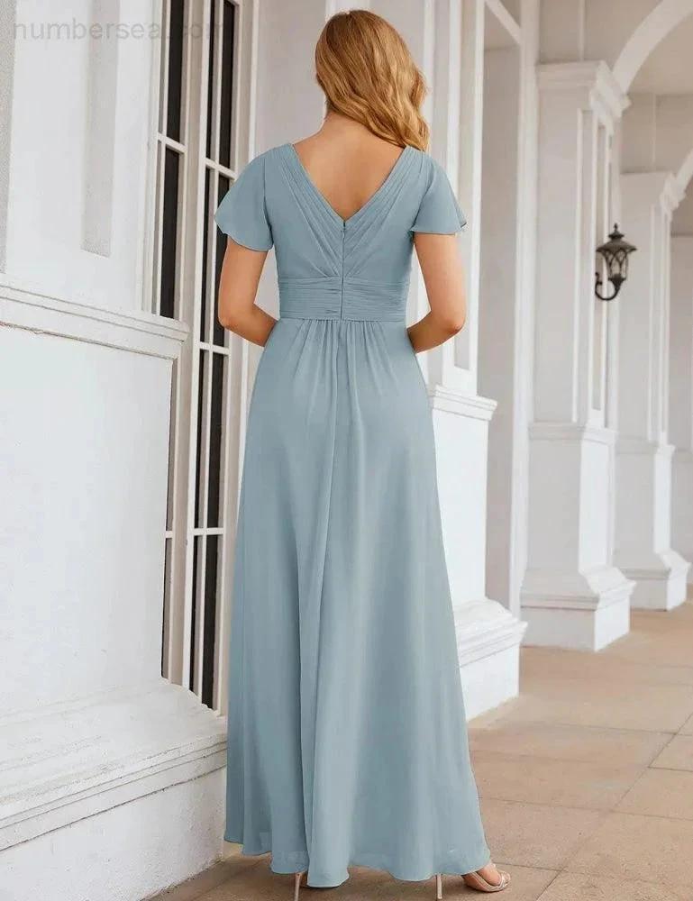 Numbersea Chiffon Bridesmaid Dress Cap Sleeves Maxi Prom Gowns Party Wedding Mother of The Bride Dresses for Women SEA28047 by numbersea
