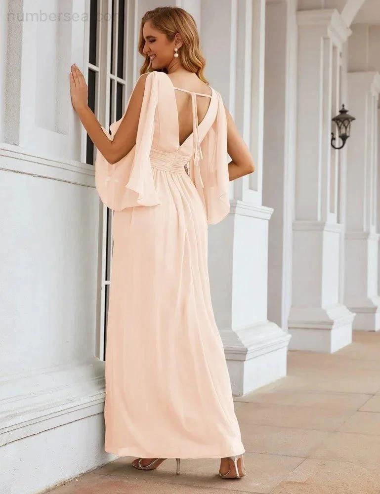 Numbersea Chiffon Bridesmaid Dresses with Split for Women Wedding Long Party Prom Gown Flutter Sleeve SEA28045 by numbersea