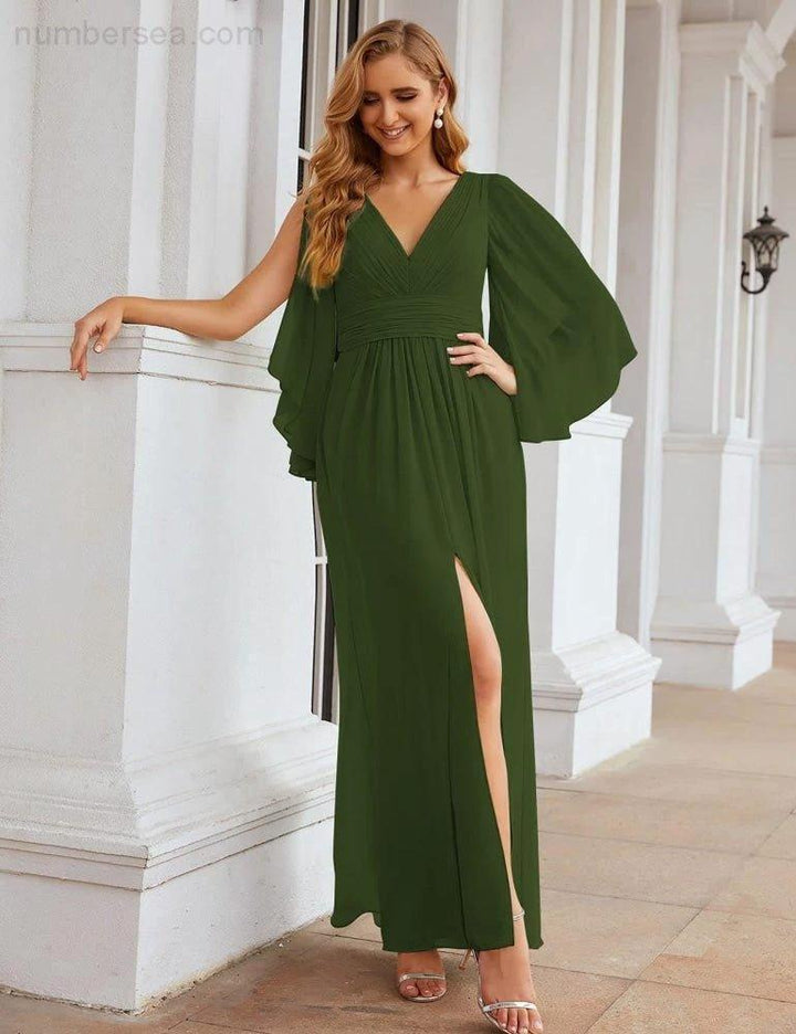 Numbersea Chiffon Bridesmaid Dresses with Split for Women Wedding Long Party Prom Gown Flutter Sleeve SEA28045 by numbersea