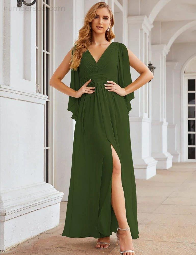 Numbersea Chiffon Bridesmaid Dresses with Split for Women Wedding Long Party Prom Gown Flutter Sleeve SEA28045 by numbersea