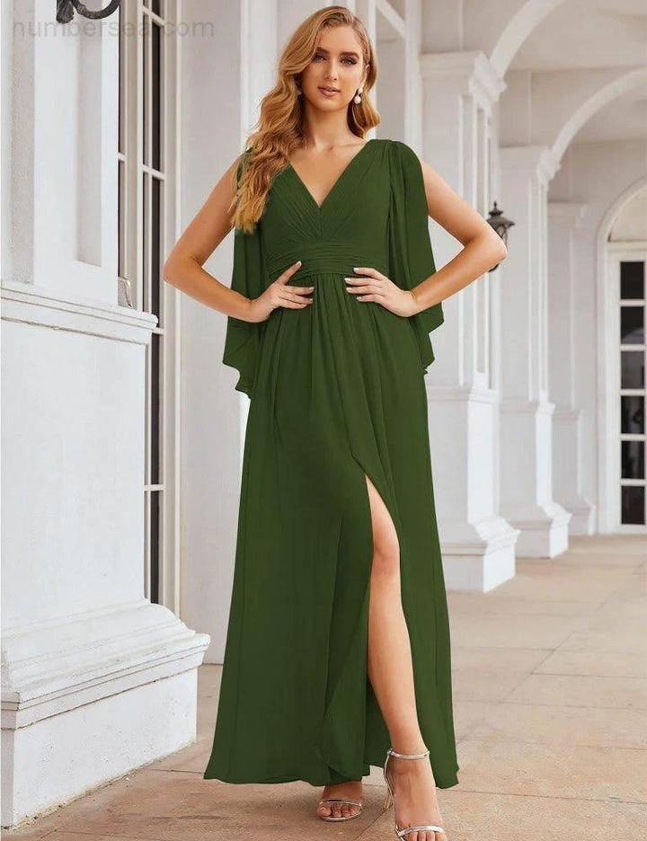 Numbersea Chiffon Bridesmaid Dresses with Split for Women Wedding Long Party Prom Gown Flutter Sleeve SEA28045 by numbersea