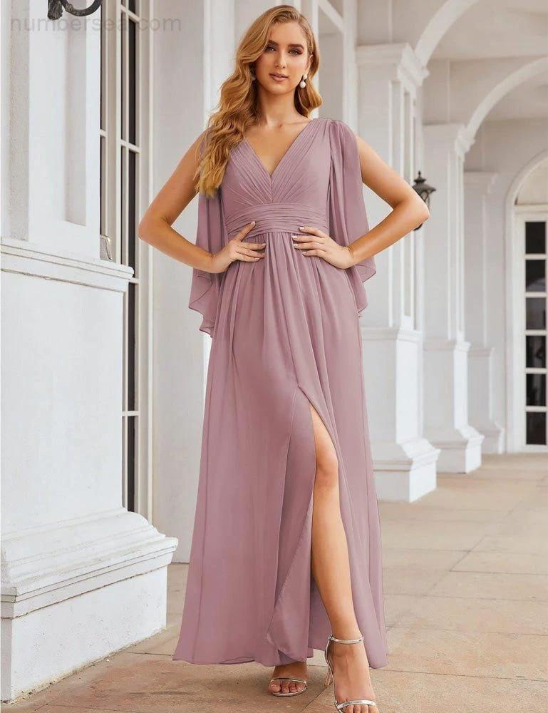 Numbersea Chiffon Bridesmaid Dresses with Split for Women Wedding Long Party Prom Gown Flutter Sleeve SEA28045 by numbersea