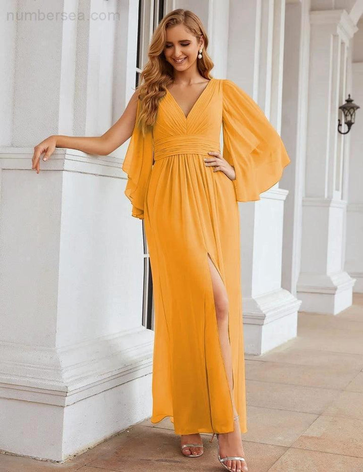 Numbersea Chiffon Bridesmaid Dresses with Split for Women Wedding Long Party Prom Gown Flutter Sleeve SEA28045 by numbersea