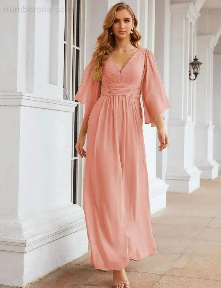Numbersea Chiffon Bridesmaid Dresses with Split for Women Wedding Long Party Prom Gown Flutter Sleeve SEA28045 by numbersea