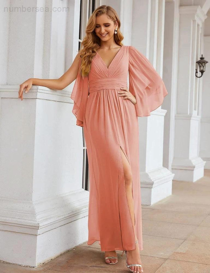 Numbersea Chiffon Bridesmaid Dresses with Split for Women Wedding Long Party Prom Gown Flutter Sleeve SEA28045 by numbersea