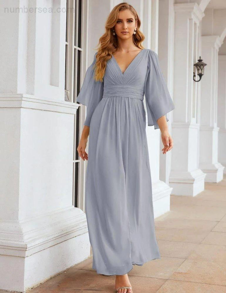 Numbersea Chiffon Bridesmaid Dresses with Split for Women Wedding Long Party Prom Gown Flutter Sleeve SEA28045 by numbersea